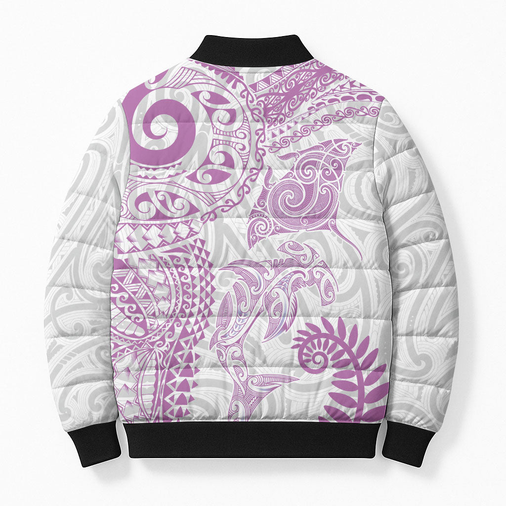 Aotearoa Maori Sea Animals Tribal Bomber Puffer Jacket Manta Ray and Shark Moko Pattern Pink Color LT03 - Polynesian Pride