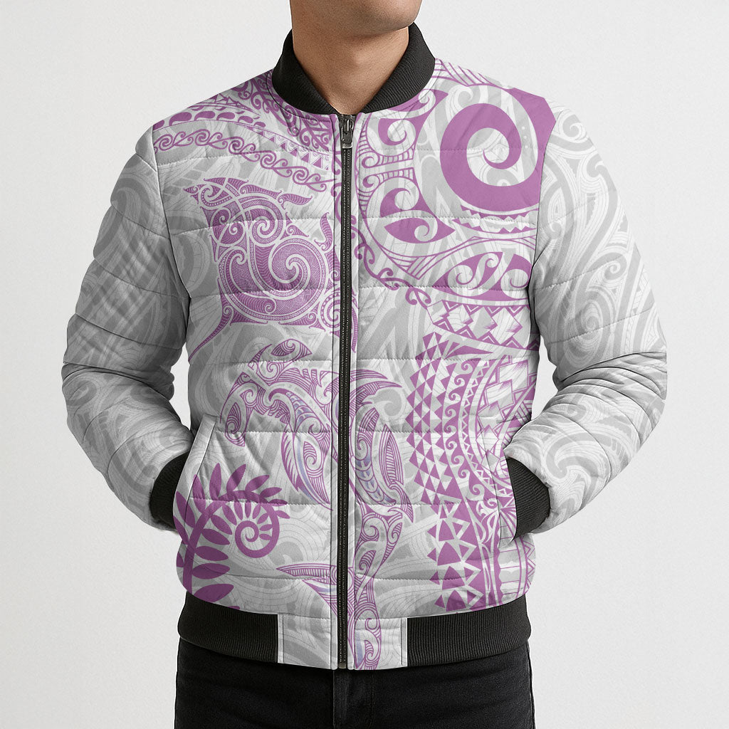 Aotearoa Maori Sea Animals Tribal Bomber Puffer Jacket Manta Ray and Shark Moko Pattern Pink Color LT03 - Polynesian Pride