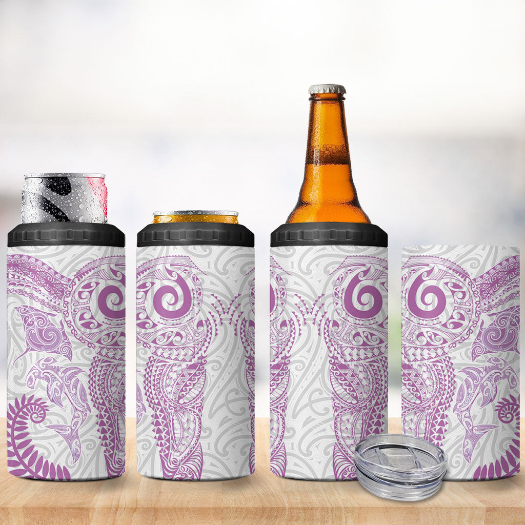 Aotearoa Maori Sea Animals Tribal 4 in 1 Can Cooler Tumbler Manta Ray and Shark Moko Pattern Pink Color