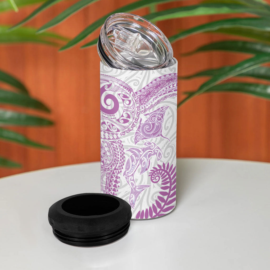 Aotearoa Maori Sea Animals Tribal 4 in 1 Can Cooler Tumbler Manta Ray and Shark Moko Pattern Pink Color