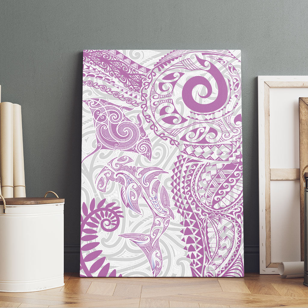 Aotearoa Maori Sea Animals Tribal Canvas Wall Art Manta Ray and Shark Moko Pattern Pink Color