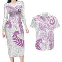 Aotearoa Maori Sea Animals Tribal Couples Matching Long Sleeve Bodycon Dress and Hawaiian Shirt Manta Ray and Shark Moko Pattern Pink Color