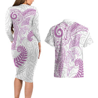 Aotearoa Maori Sea Animals Tribal Couples Matching Long Sleeve Bodycon Dress and Hawaiian Shirt Manta Ray and Shark Moko Pattern Pink Color