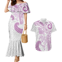 Aotearoa Maori Sea Animals Tribal Couples Matching Mermaid Dress and Hawaiian Shirt Manta Ray and Shark Moko Pattern Pink Color