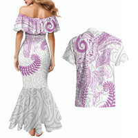 Aotearoa Maori Sea Animals Tribal Couples Matching Mermaid Dress and Hawaiian Shirt Manta Ray and Shark Moko Pattern Pink Color