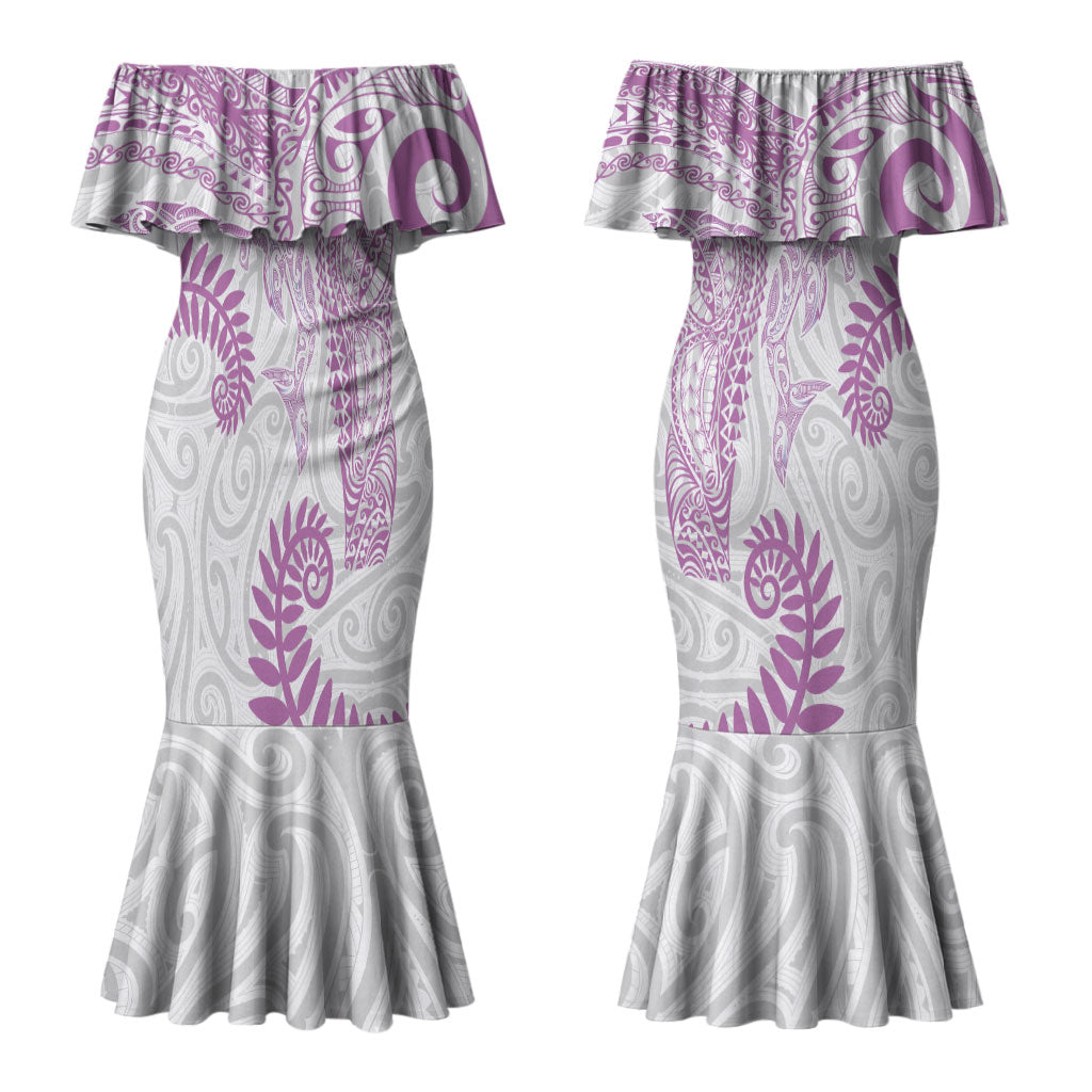 Aotearoa Maori Sea Animals Tribal Couples Matching Mermaid Dress and Long Sleeve Button Shirt Manta Ray and Shark Moko Pattern Pink Color LT03 - Polynesian Pride