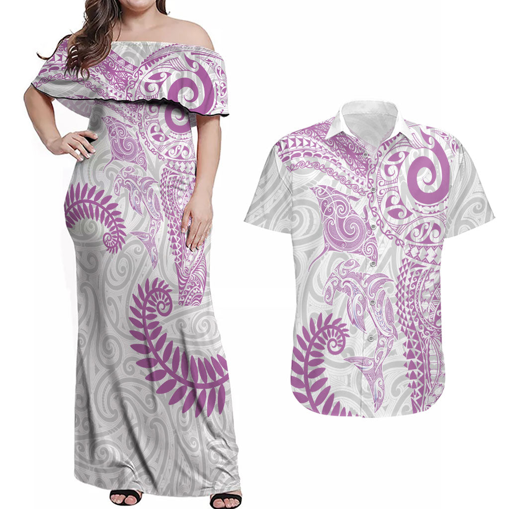 Aotearoa Maori Sea Animals Tribal Couples Matching Off Shoulder Maxi Dress and Hawaiian Shirt Manta Ray and Shark Moko Pattern Pink Color
