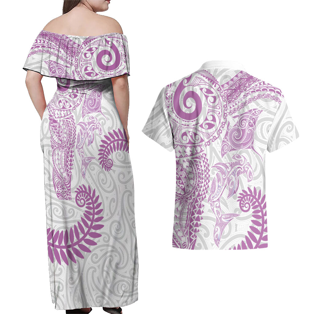 Aotearoa Maori Sea Animals Tribal Couples Matching Off Shoulder Maxi Dress and Hawaiian Shirt Manta Ray and Shark Moko Pattern Pink Color