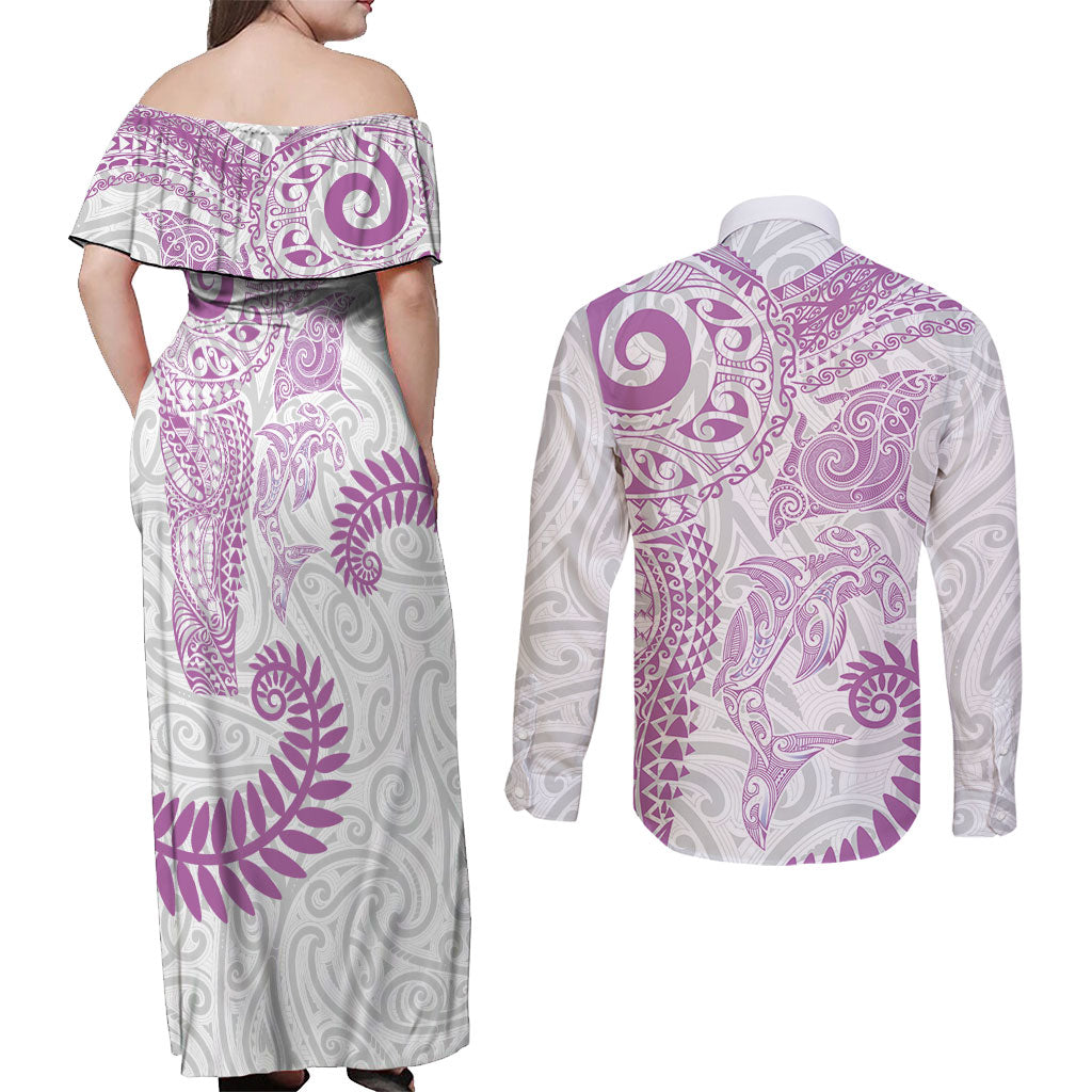 Aotearoa Maori Sea Animals Tribal Couples Matching Off Shoulder Maxi Dress and Long Sleeve Button Shirt Manta Ray and Shark Moko Pattern Pink Color