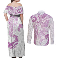 Aotearoa Maori Sea Animals Tribal Couples Matching Off Shoulder Maxi Dress and Long Sleeve Button Shirt Manta Ray and Shark Moko Pattern Pink Color