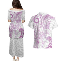 Aotearoa Maori Sea Animals Tribal Couples Matching Puletasi and Hawaiian Shirt Manta Ray and Shark Moko Pattern Pink Color