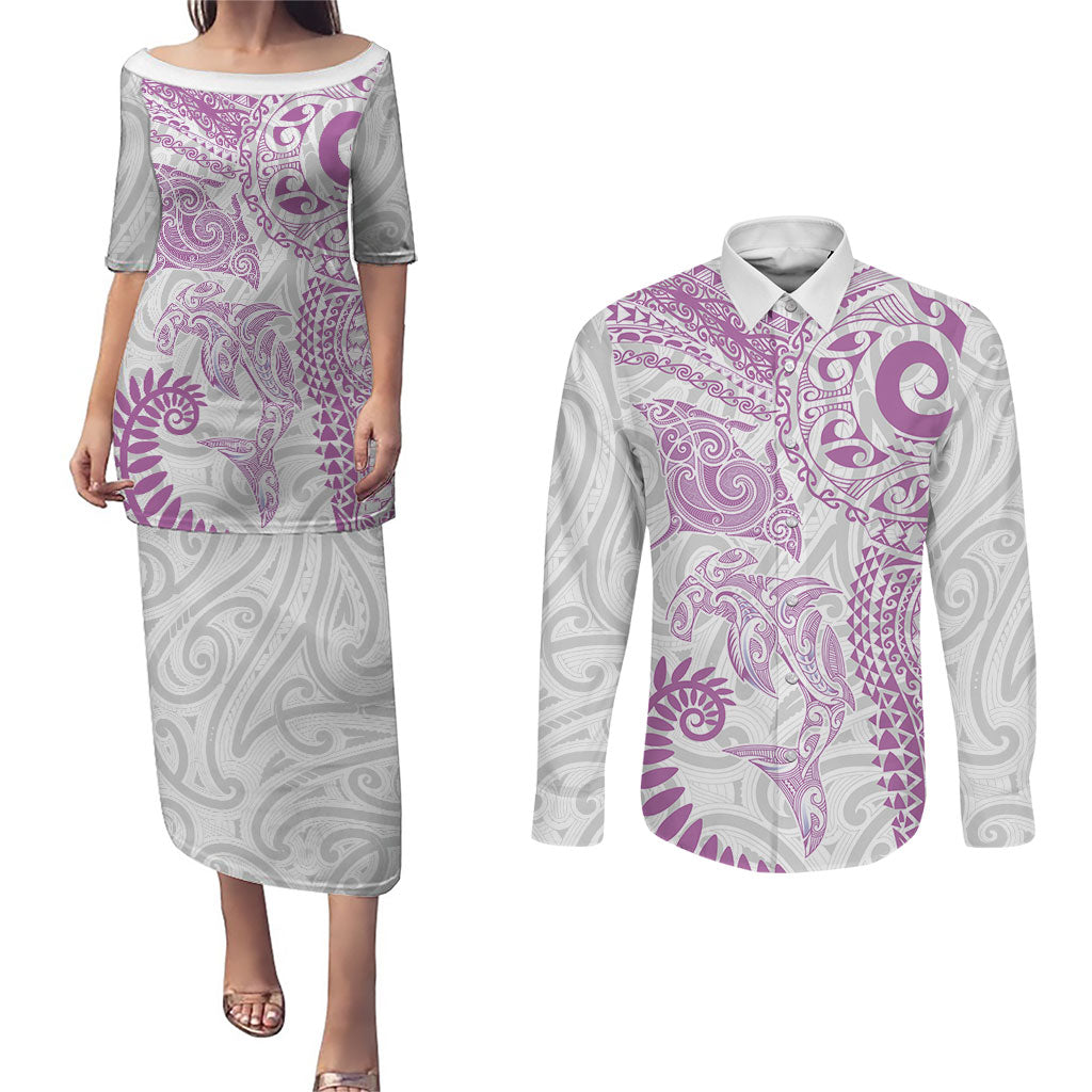 Aotearoa Maori Sea Animals Tribal Couples Matching Puletasi and Long Sleeve Button Shirt Manta Ray and Shark Moko Pattern Pink Color