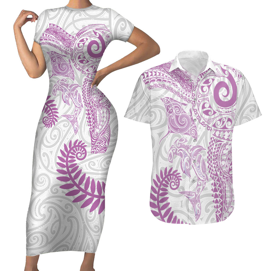 Aotearoa Maori Sea Animals Tribal Couples Matching Short Sleeve Bodycon Dress and Hawaiian Shirt Manta Ray and Shark Moko Pattern Pink Color