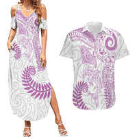 Aotearoa Maori Sea Animals Tribal Couples Matching Summer Maxi Dress and Hawaiian Shirt Manta Ray and Shark Moko Pattern Pink Color