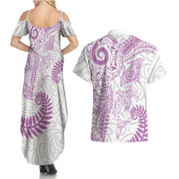 Aotearoa Maori Sea Animals Tribal Couples Matching Summer Maxi Dress and Hawaiian Shirt Manta Ray and Shark Moko Pattern Pink Color