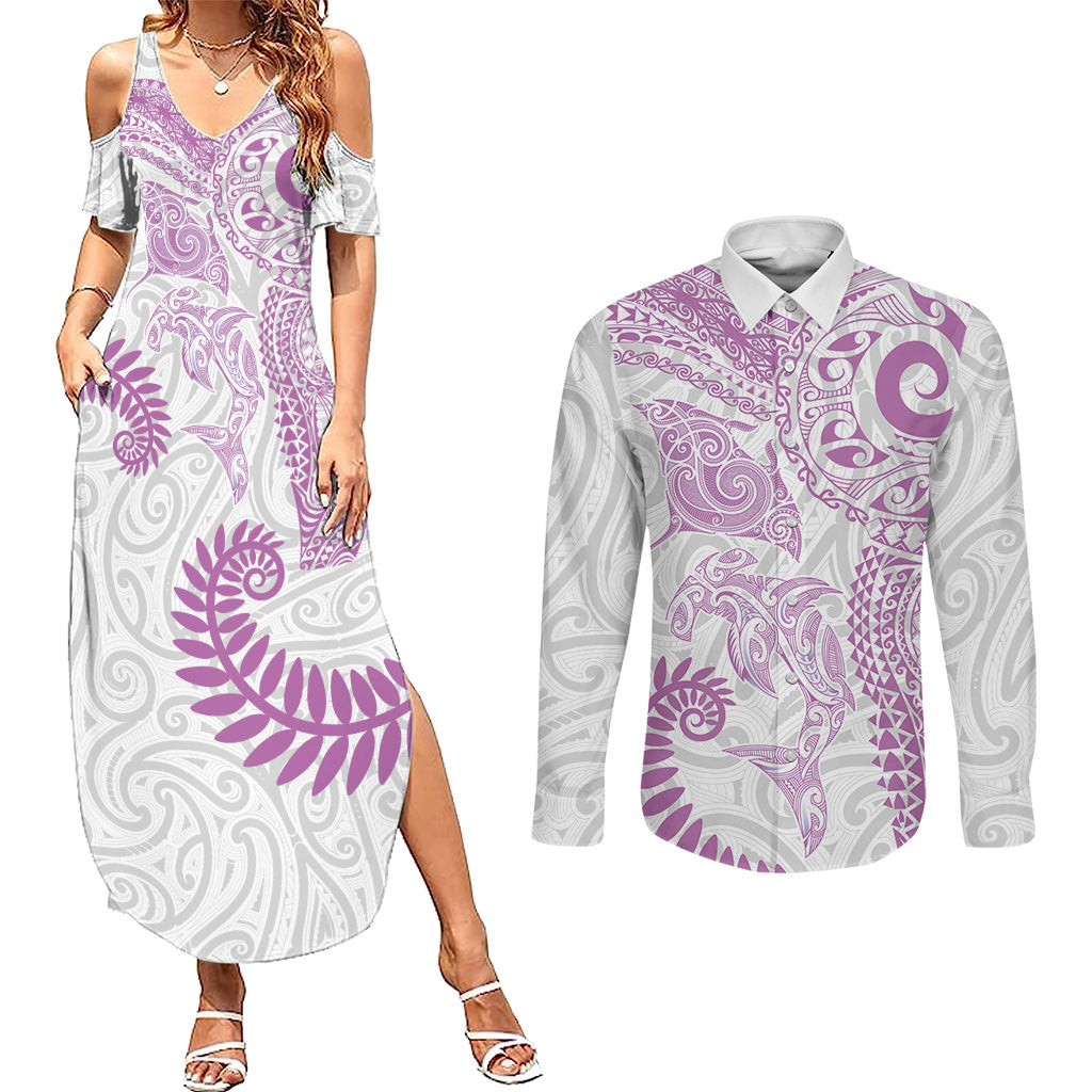 Aotearoa Maori Sea Animals Tribal Couples Matching Summer Maxi Dress and Long Sleeve Button Shirt Manta Ray and Shark Moko Pattern Pink Color