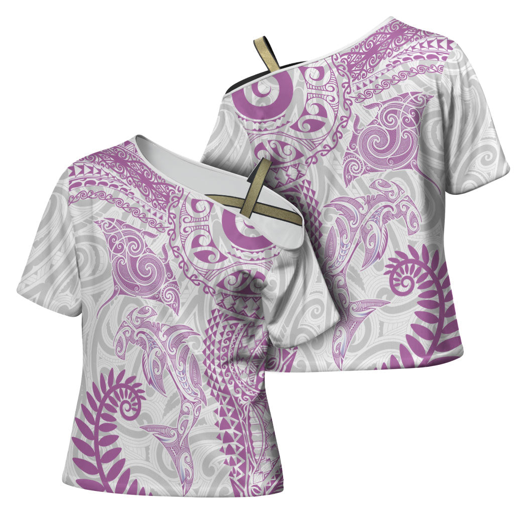 Aotearoa Maori Sea Animals Tribal Cross Shoulder Shirt Manta Ray and Shark Moko Pattern Pink Color