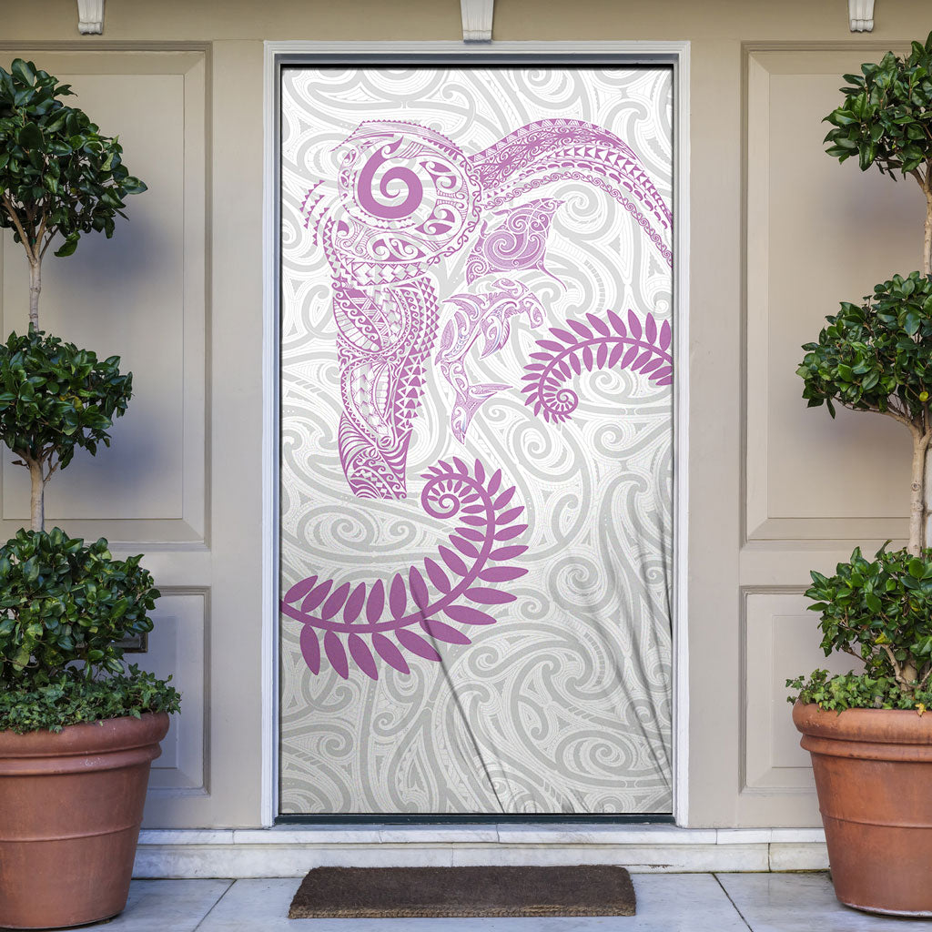 Aotearoa Maori Sea Animals Tribal Door Cover Manta Ray and Shark Moko Pattern Pink Color