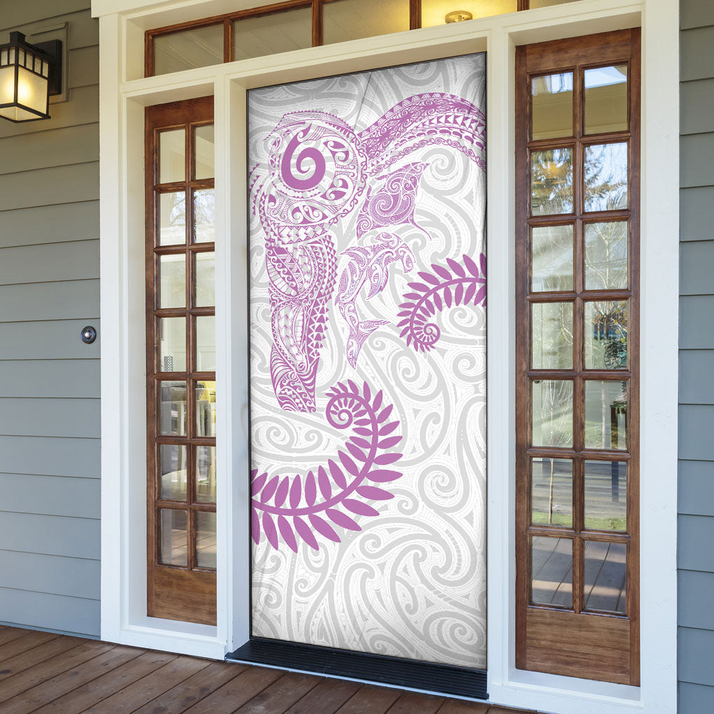 Aotearoa Maori Sea Animals Tribal Door Cover Manta Ray and Shark Moko Pattern Pink Color