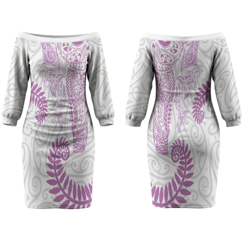 Aotearoa Maori Sea Animals Tribal Family Matching Off The Shoulder Long Sleeve Dress and Hawaiian Shirt Manta Ray and Shark Moko Pattern Pink Color LT03 Mom's Dress Pink - Polynesian Pride