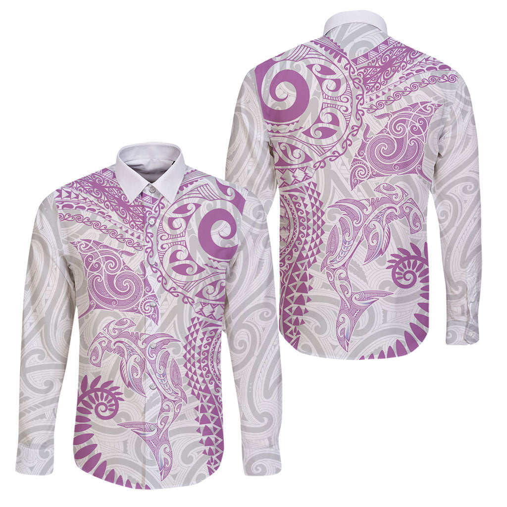 Aotearoa Maori Sea Animals Tribal Family Matching Off The Shoulder Long Sleeve Dress and Hawaiian Shirt Manta Ray and Shark Moko Pattern Pink Color LT03 Dad's Shirt - Long Sleeve Pink - Polynesian Pride