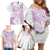 Aotearoa Maori Sea Animals Tribal Family Matching Off Shoulder Short Dress and Hawaiian Shirt Manta Ray and Shark Moko Pattern Pink Color