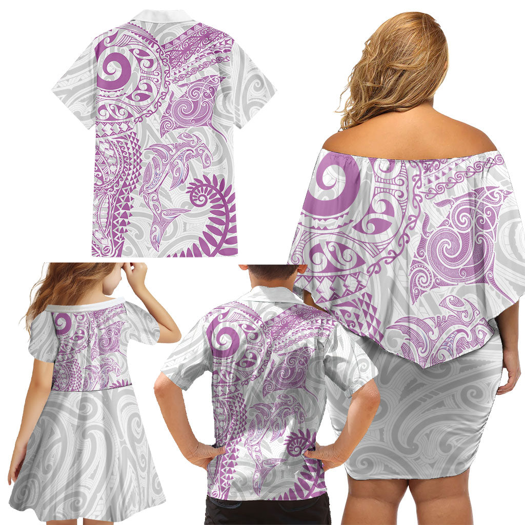 Aotearoa Maori Sea Animals Tribal Family Matching Off Shoulder Short Dress and Hawaiian Shirt Manta Ray and Shark Moko Pattern Pink Color