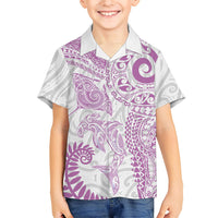 Aotearoa Maori Sea Animals Tribal Family Matching Off Shoulder Short Dress and Hawaiian Shirt Manta Ray and Shark Moko Pattern Pink Color