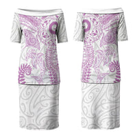 Aotearoa Maori Sea Animals Tribal Family Matching Puletasi and Hawaiian Shirt Manta Ray and Shark Moko Pattern Pink Color LT03 Mom's Dress Pink - Polynesian Pride