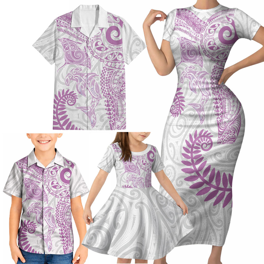 Aotearoa Maori Sea Animals Tribal Family Matching Short Sleeve Bodycon Dress and Hawaiian Shirt Manta Ray and Shark Moko Pattern Pink Color LT03 - Polynesian Pride
