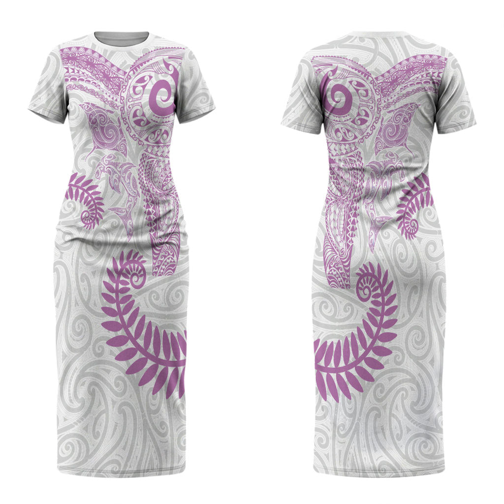 Aotearoa Maori Sea Animals Tribal Family Matching Short Sleeve Bodycon Dress and Hawaiian Shirt Manta Ray and Shark Moko Pattern Pink Color LT03 Mom's Dress Pink - Polynesian Pride