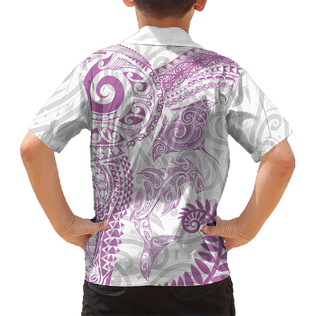 Aotearoa Maori Sea Animals Tribal Family Matching Summer Maxi Dress and Hawaiian Shirt Manta Ray and Shark Moko Pattern Pink Color