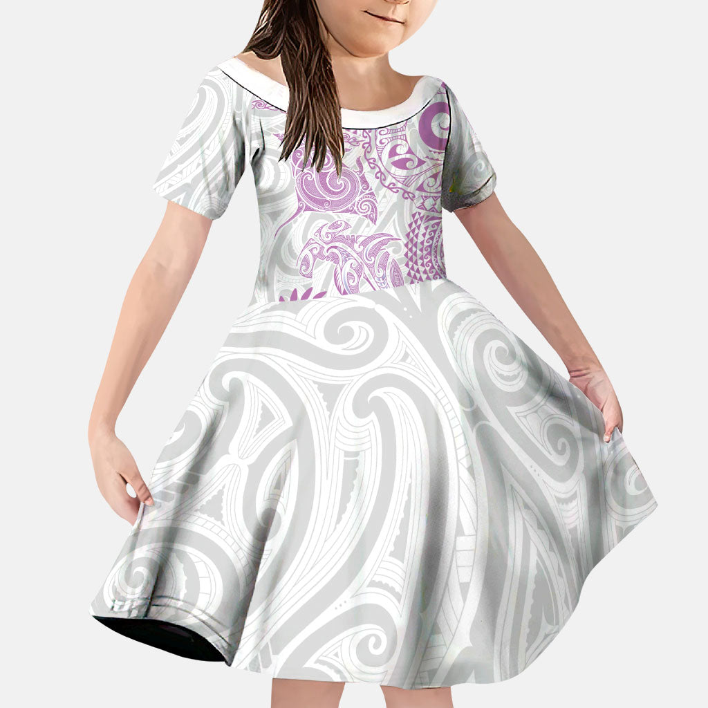 Aotearoa Maori Sea Animals Tribal Family Matching Tank Maxi Dress and Hawaiian Shirt Manta Ray and Shark Moko Pattern Pink Color