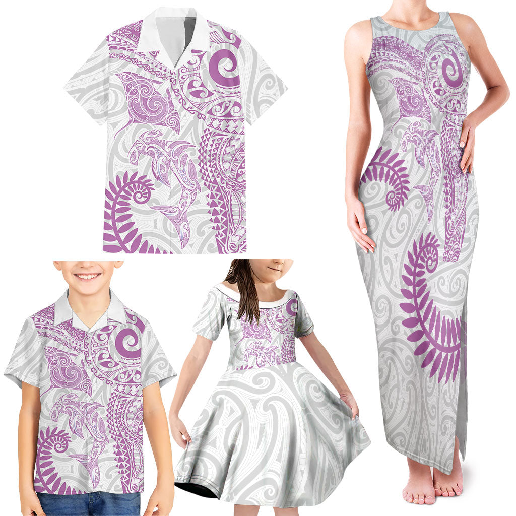 Aotearoa Maori Sea Animals Tribal Family Matching Tank Maxi Dress and Hawaiian Shirt Manta Ray and Shark Moko Pattern Pink Color