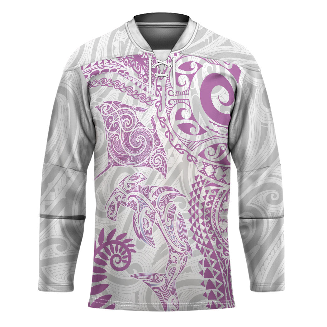 Aotearoa Maori Sea Animals Tribal Hockey Jersey Manta Ray and Shark Moko Pattern Pink Color LT03 Unisex Pink - Polynesian Pride