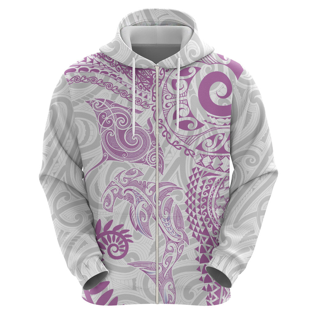 Aotearoa Maori Sea Animals Tribal Hoodie Manta Ray and Shark Moko Pattern Pink Color