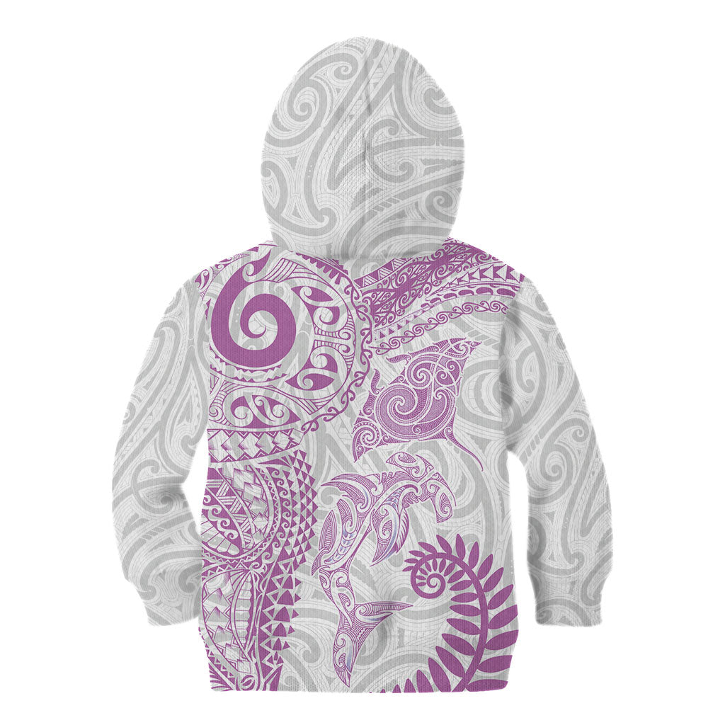 Aotearoa Maori Sea Animals Tribal Kid Hoodie Manta Ray and Shark Moko Pattern Pink Color
