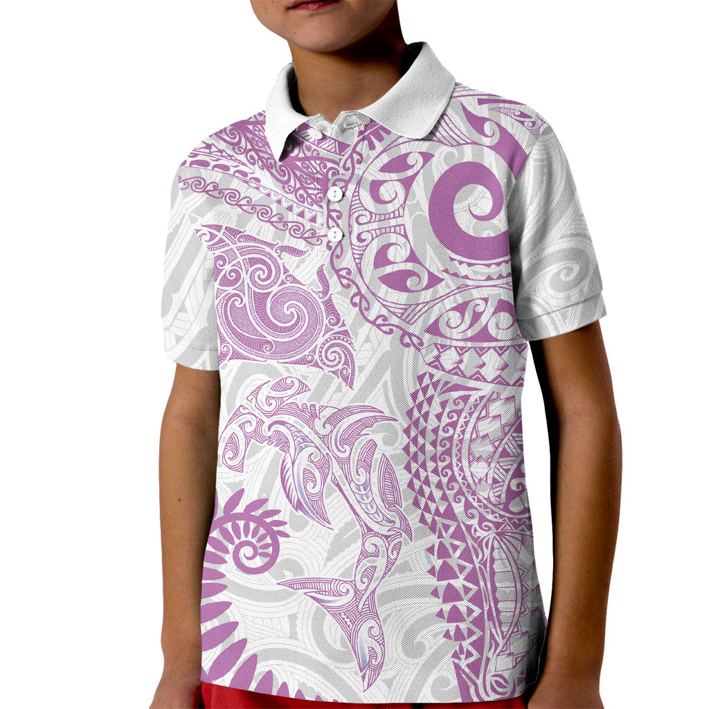 Aotearoa Maori Sea Animals Tribal Kid Polo Shirt Manta Ray and Shark Moko Pattern Pink Color LT03 Kid Pink - Polynesian Pride