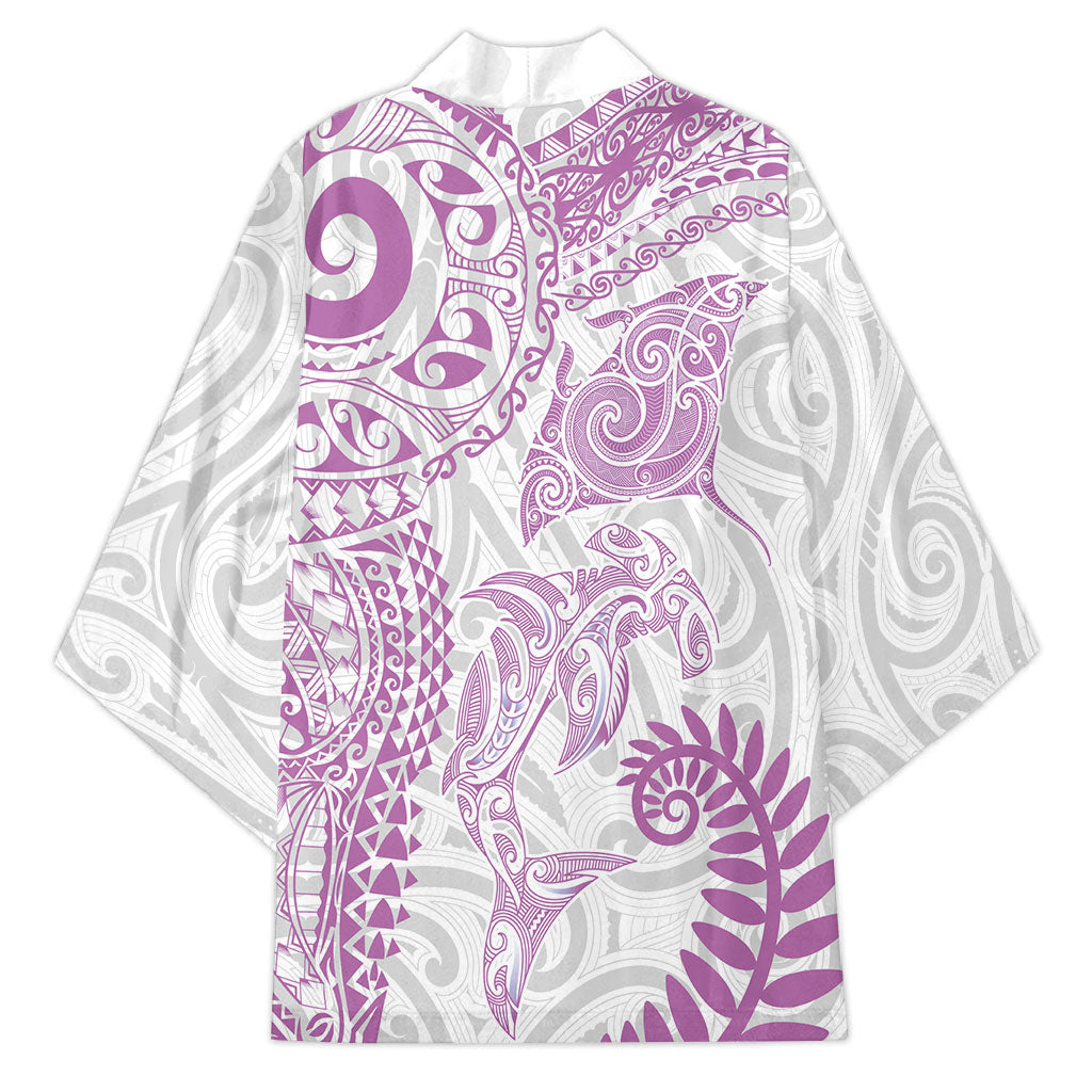 Aotearoa Maori Sea Animals Tribal Kimono Manta Ray and Shark Moko Pattern Pink Color LT03 - Polynesian Pride