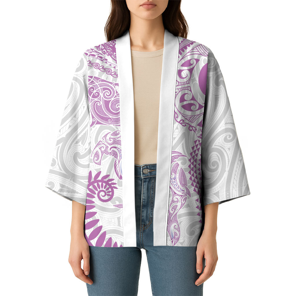 Aotearoa Maori Sea Animals Tribal Kimono Manta Ray and Shark Moko Pattern Pink Color LT03 - Polynesian Pride