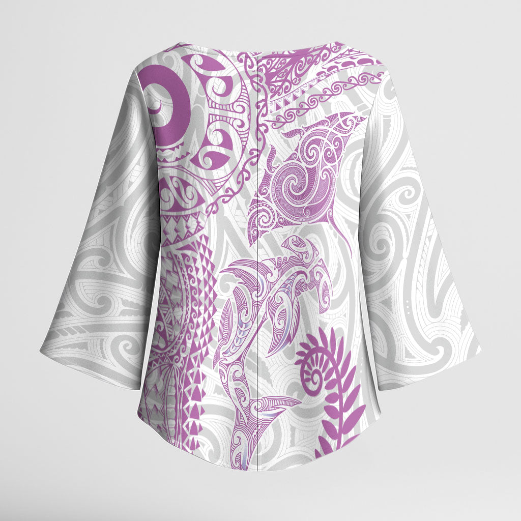 Aotearoa Maori Sea Animals Tribal Kimono Sleeve Blouse Manta Ray and Shark Moko Pattern Pink Color