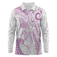 Aotearoa Maori Sea Animals Tribal Long Sleeve Polo Shirt Manta Ray and Shark Moko Pattern Pink Color