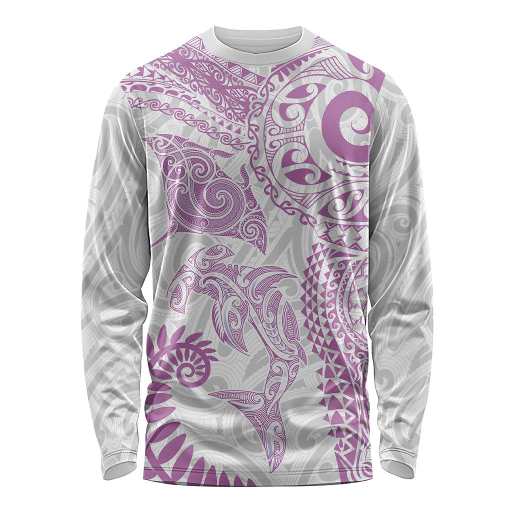 Aotearoa Maori Sea Animals Tribal Long Sleeve Shirt Manta Ray and Shark Moko Pattern Pink Color LT03 Unisex Pink - Polynesian Pride