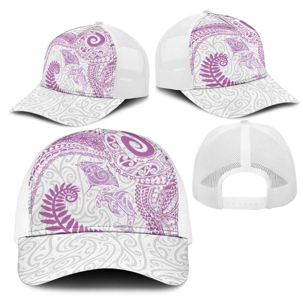 Aotearoa Maori Sea Animals Tribal Mesh Trucker Cap Manta Ray and Shark Moko Pattern Pink Color LT03 - Polynesian Pride