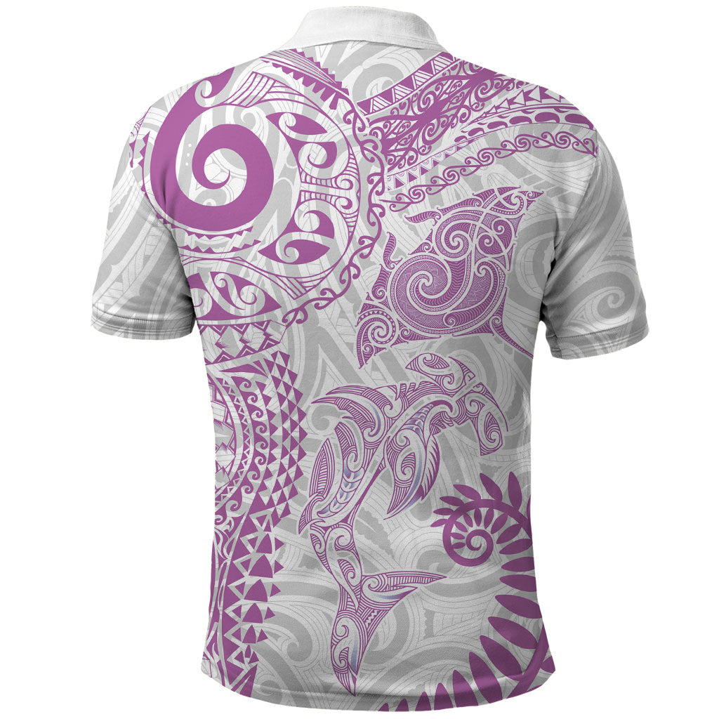 Aotearoa Maori Sea Animals Tribal Polo Shirt Manta Ray and Shark Moko Pattern Pink Color