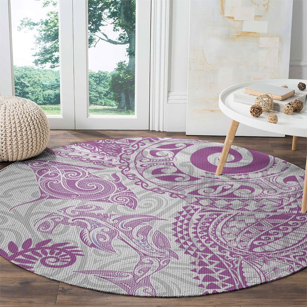 Aotearoa Maori Sea Animals Tribal Round Carpet Manta Ray and Shark Moko Pattern Pink Color