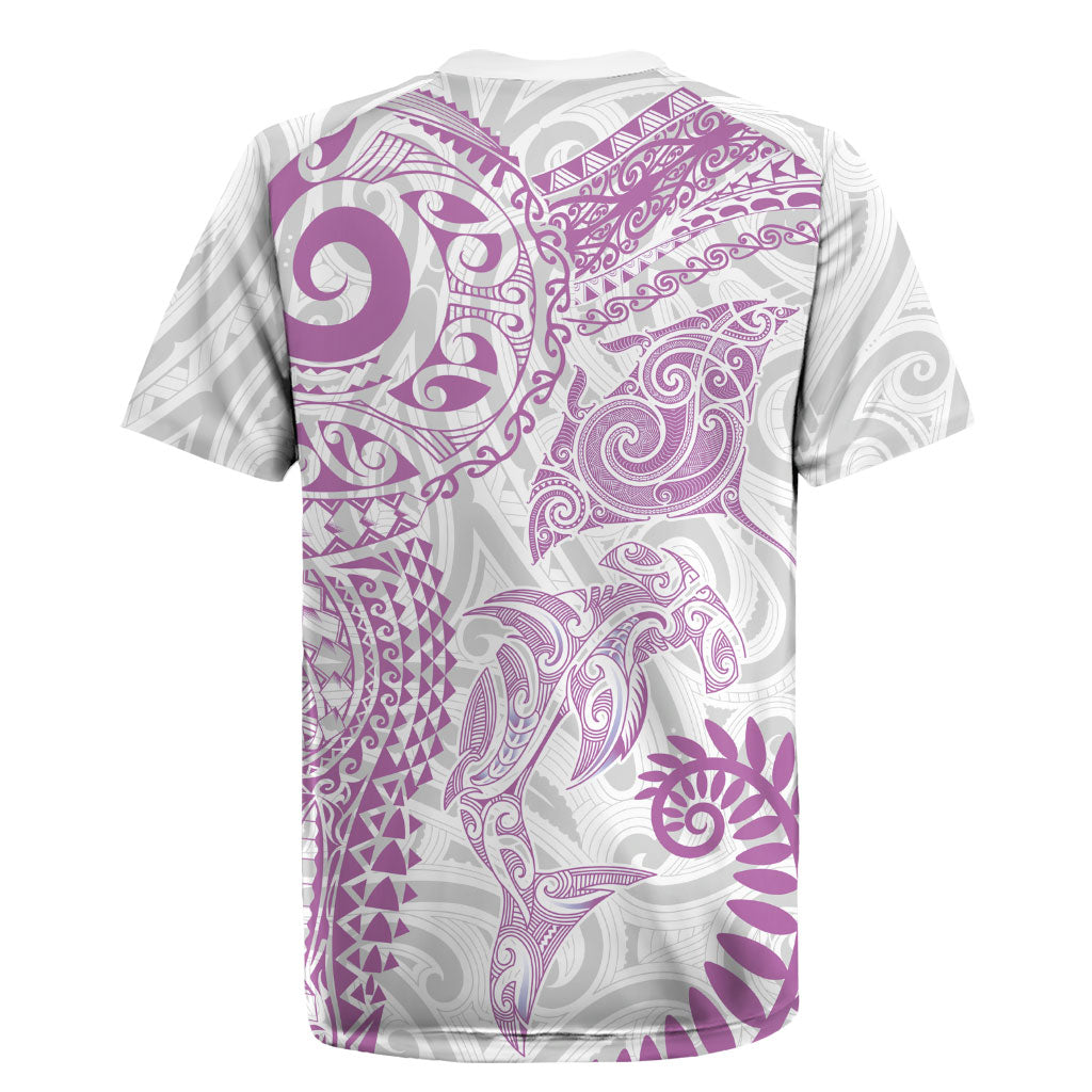 Aotearoa Maori Sea Animals Tribal Rugby Jersey Manta Ray and Shark Moko Pattern Pink Color