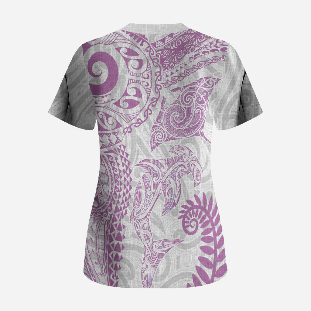 Aotearoa Maori Sea Animals Tribal Scrub Top Manta Ray and Shark Moko Pattern Pink Color LT03 - Polynesian Pride