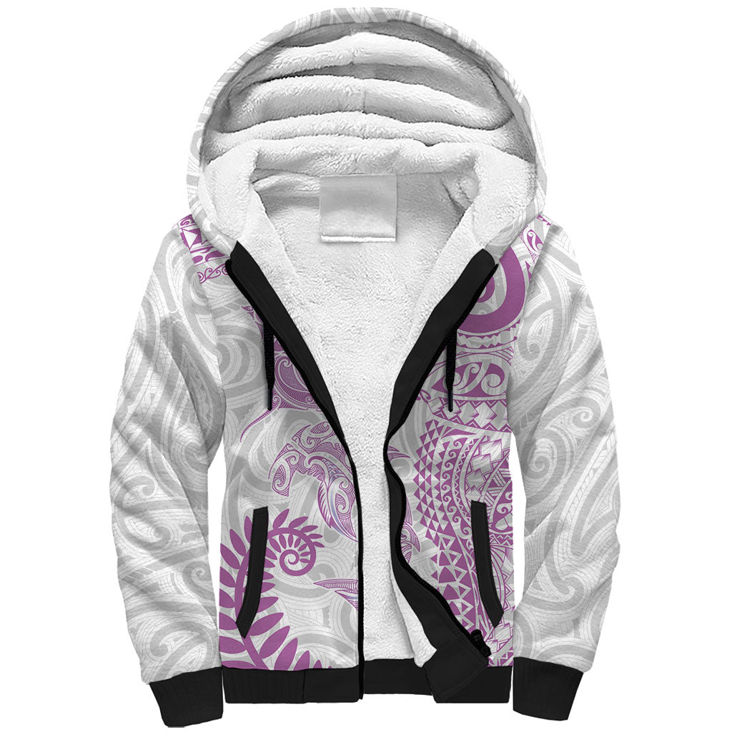 Aotearoa Maori Sea Animals Tribal Sherpa Hoodie Manta Ray and Shark Moko Pattern Pink Color
