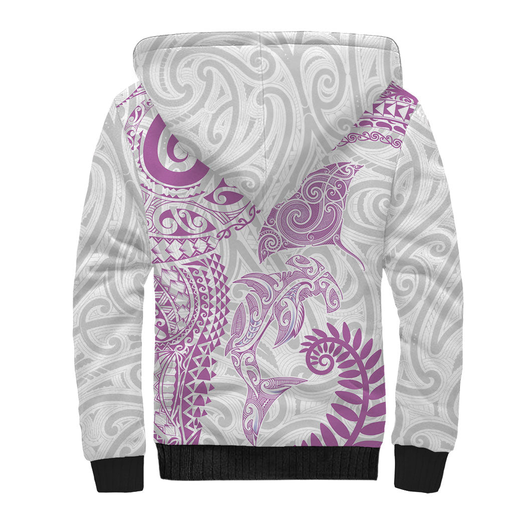 Aotearoa Maori Sea Animals Tribal Sherpa Hoodie Manta Ray and Shark Moko Pattern Pink Color